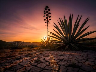 Sunset over agave plants