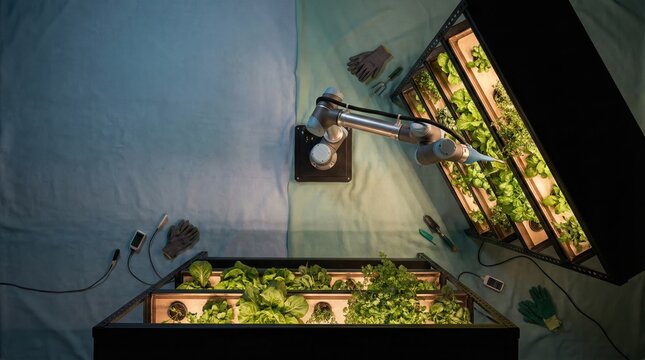 Modern indoor hydroponic garden with robotic arm and various gardening tools