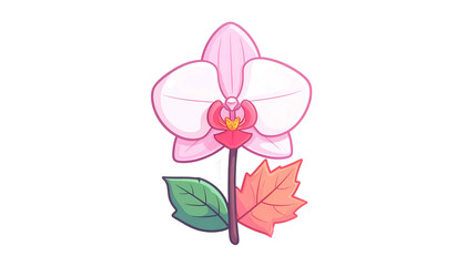 Naklejka premium An illustration of a stylized pink orchid with green leaf and orange autumn foliage