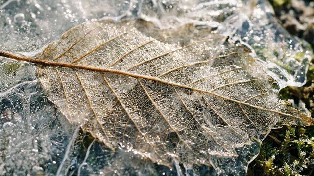 Delicate Frozen Leaf Skeleton Encased in Sparkling Ice on a Winter Morning