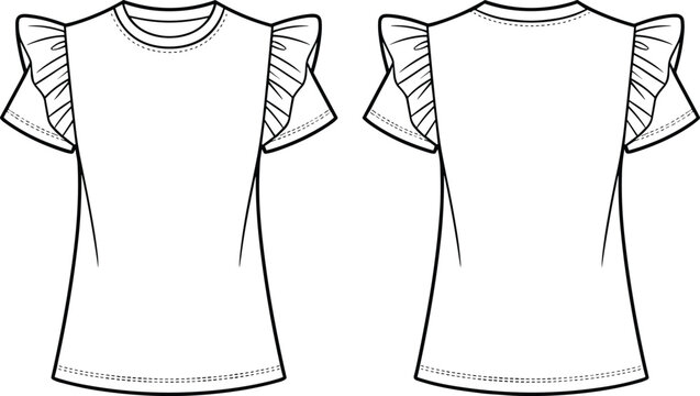 Front back view ruffle sleeve t shirt vector mockup illustration isolated white background women fashion apparel design template branding modern