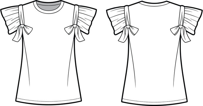 White ruffle sleeve girls t shirt mockup, front and back view fashion apparel vector illustration isolated white background design template