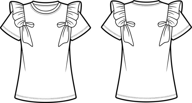 White ruffle sleeve t shirt mockup, front and back view girls fashion apparel vector illustration isolated on white background design