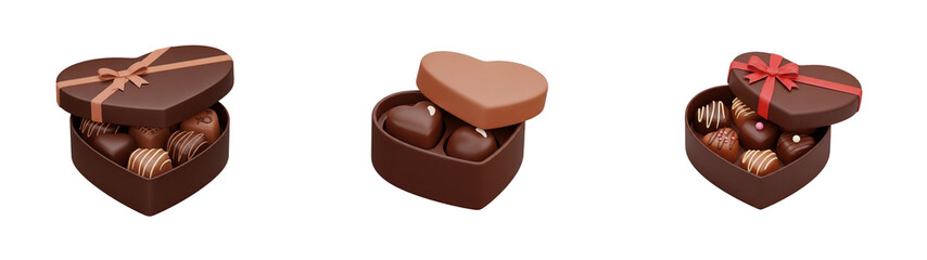 Heart-shaped chocolate boxes with assorted chocolates isolated on transparent background