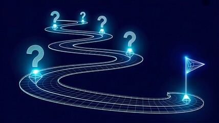 Uncertain journey roadmap with questions leading to final goal
