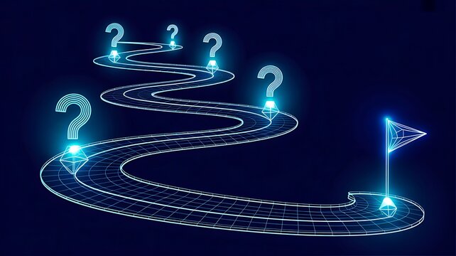 Uncertain journey roadmap with questions leading to final goal
