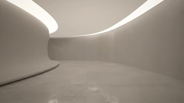 Abstract render of a contemporary, minimalist interior with smooth, flowing curved walls and soft, indirect ambient lighting creating a serene and modern architectural space