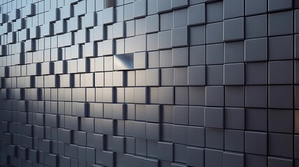 Abstract dark metallic three dimensional cube wall background with one bright reflective square tile highlighting depth and texture