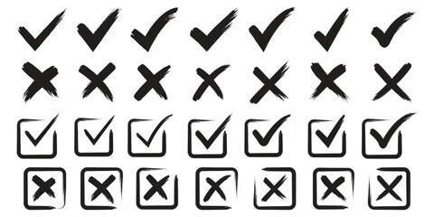 Check tick mark icon set. Cross box x check mark checkbox list vector draw hand drawn sketch doodle brush marker checklist symbol wrong right circle. hand drawn, grunge X sign. hand drawn tick mark © Hike studio 333