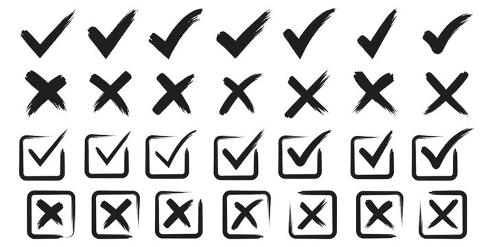 Check tick mark icon set. Cross box x check mark checkbox list vector draw hand drawn sketch doodle brush marker checklist symbol wrong right circle. hand drawn, grunge X sign. hand drawn tick mark