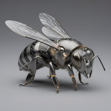 Mechanical Bee Metal Robot Silver Technology Cybernetic Future with Sleek Chrome Armor and Digital Detail