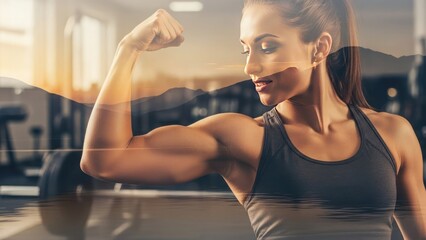 A female athlete flexing her arm in a gym with a bright and blurred background