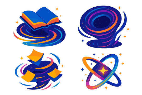 Cosmic Book Vortex. Isometric vector illustration set Ex Libris Wormhole: open book hovering, swirling cosmic vortex, floating