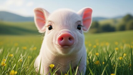 A small piglet standing in a lush green field with yellow flowers