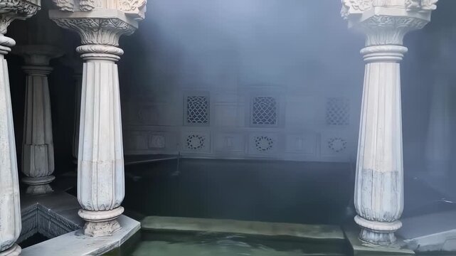 Ornate columns frame a misty chamber with patterned wall panels and pool