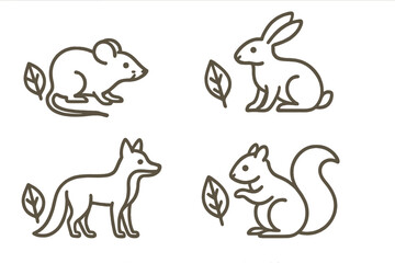 Woodland Animal Icons. Line style icons of Forest Animals: small woodland creature, soft outline, gentle stance, leaf-side