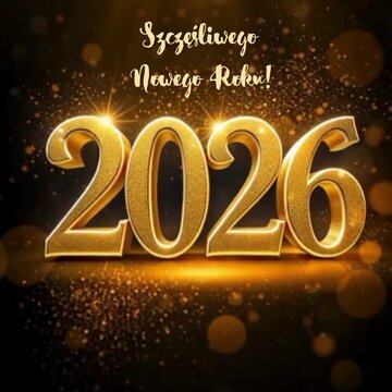 wirtualne życzenia: Szczęśliwego Nowego Roku 2026, kartka z życzeniami noworocznymi po polsku; złoto-czarna, ekskluzywna animacja z życzeniami na Nowy Rok