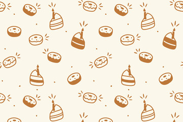 Happy Birthday. Gold doodle of donuts and cake slices with candles, pattern festivale, dessert silhouettes on soft cream background.