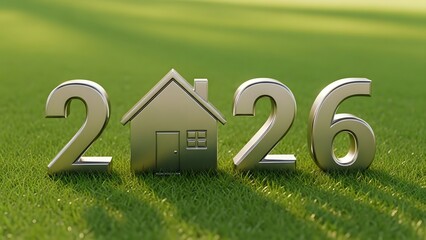 A metallic house-shaped emblem sits between the numbers 2026, suggesting a future real estate or investment concept, set against a green grass backdrop.