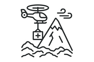 Highpeak Rescue Icons. Line style icons of Highpeak Aid Drop: rescue craft, tall mountain, suspended line, rotor circle, rugged