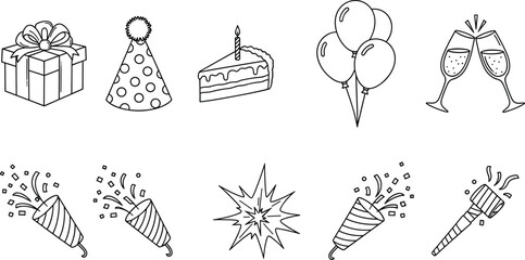 Collection of party line icons including birthday cake balloons gift box confetti and champagne glasses for festive celebration and event design © Sammi's World