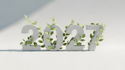 The year 2027 decorated with green plants, symbolizing growth and renewal. The image evokes a sense of freshness and optimism