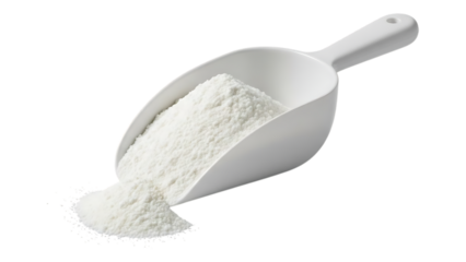 A white plastic scoop filled with a fine powdery white substance against a black background