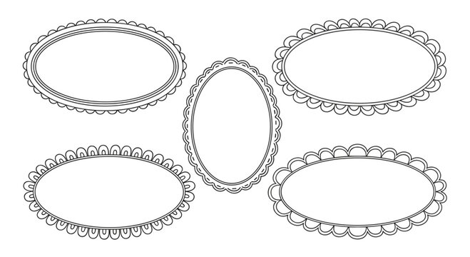 Set of five decorative oval frames with delicate scalloped edges and black outlines for vintage style labels and elegant invitations.