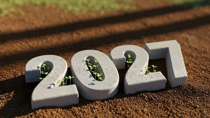 The year 2021 numbers made of concrete with plants growing inside. New year concept, 2021