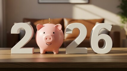Piggy bank with year 2026 concept, symbolizing savings goal and future investment