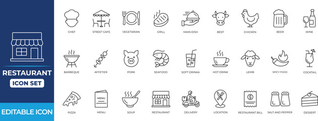 Restaurant line icon set featuring food, menu, delivery, wine, hamburger, beer, fast, chef, dining, and table service symbols for cafes, eateries, food apps, websites, and branding.