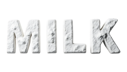 The word milk is prominently displayed in a textured stone like three dimensional style on