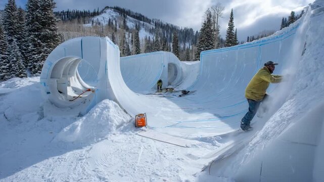 Craftsmen smoothing the curves of a halfpipe structure in a snowy environment focusing on creating smooth transitions for extreme winter sports.