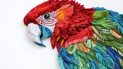 Vibrant Textured Macaw Art. Colorful Tropical Bird Craftwork. Exotic Plumage Design on White.