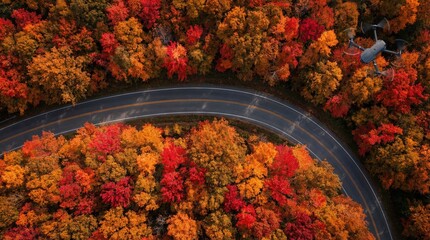 Aerial view of winding road surrounded by vibrant autumn foliage in shades of red and orange