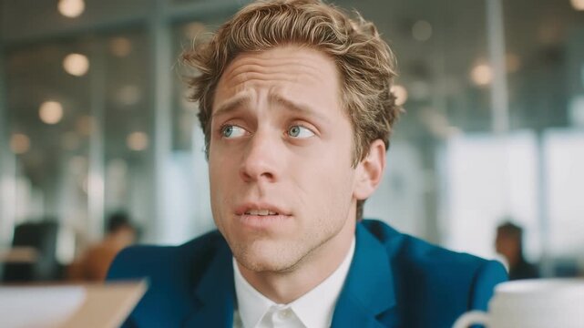 Funny businessman making a goofy face in modern office close-up