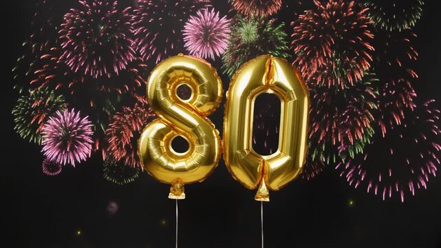 Gold balloon number 80 with fireworks in the background. Festive scene for birthday or anniversary party