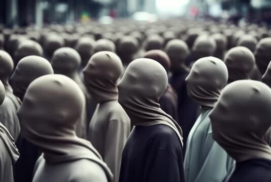 A large crowd of people wearing identical hooded outfits, facing away from the camera