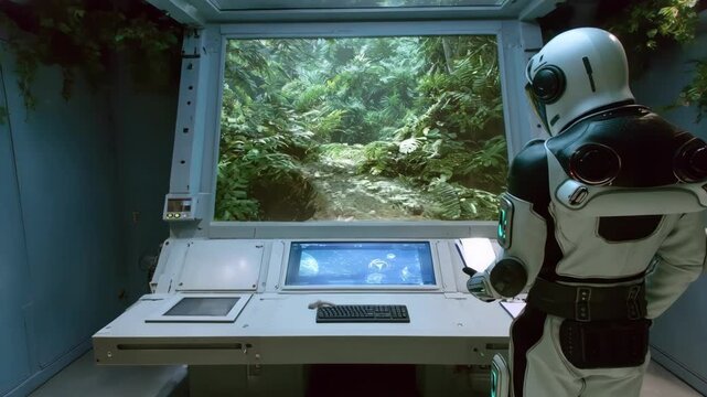 Medium shot of a futuristic vision simulation workstation using augmented reality to educate on color blindness and depth perception challenges interactively
