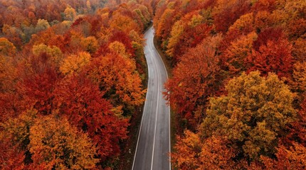 Aerial view of winding road through vibrant autumn forest with colorful fall foliage