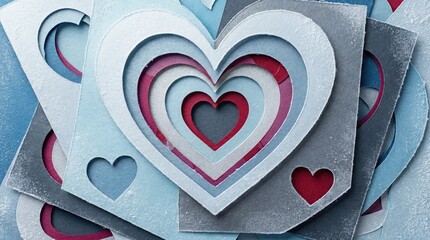 Intricate layered heart cutouts in shades of blue, red, and silver on a textured background