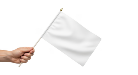 Hand holding white blank flag on pole isolated on transparent background png