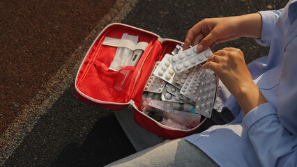 First aid kit. Sports training. High quality photo