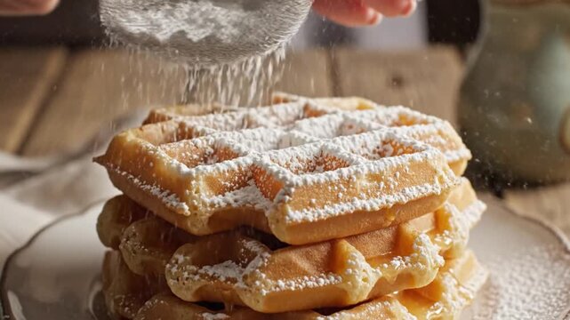 A hand sifts powdered sugar over a stack of goldenbrown waffles on a white plate set against a blurred background