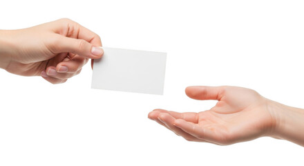 Hands exchanging blank white business card with copy space for company information or contact details