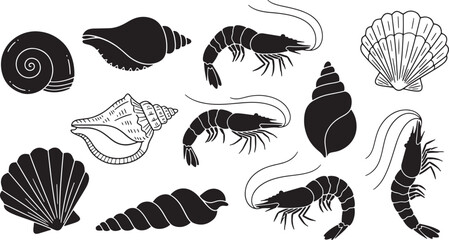Seashells and Shrimp Silhouettes © GraphicGrove