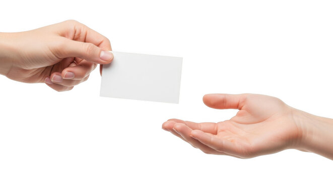 Hands exchanging blank white business card with copy space for company information or contact details - Powered by Adobe