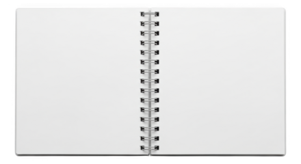Open blank notebook with spiral binding isolated on transparent background top view ready for your design