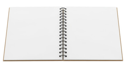 Open blank spiral notebook with white pages isolated on transparent background png