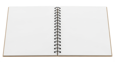Open blank spiral notebook with white pages isolated on transparent background png